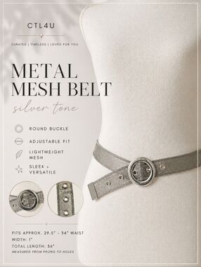 Silver Toned Metal Mesh Belt Round Buckle Adjustable 29.5–34” Waist S/M